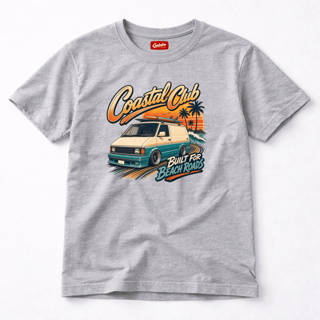 Camberline Coastal Club Built for Beach Roads slammed retro van and palm tree sunset, grey marl t-shirt, front view