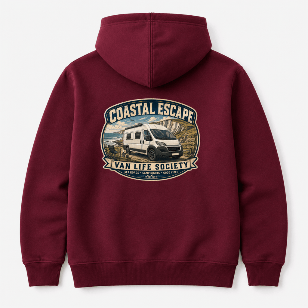 Camberline Coastal Escape Van Life Society clifftop campervan badge, burgundy hoodie, back view