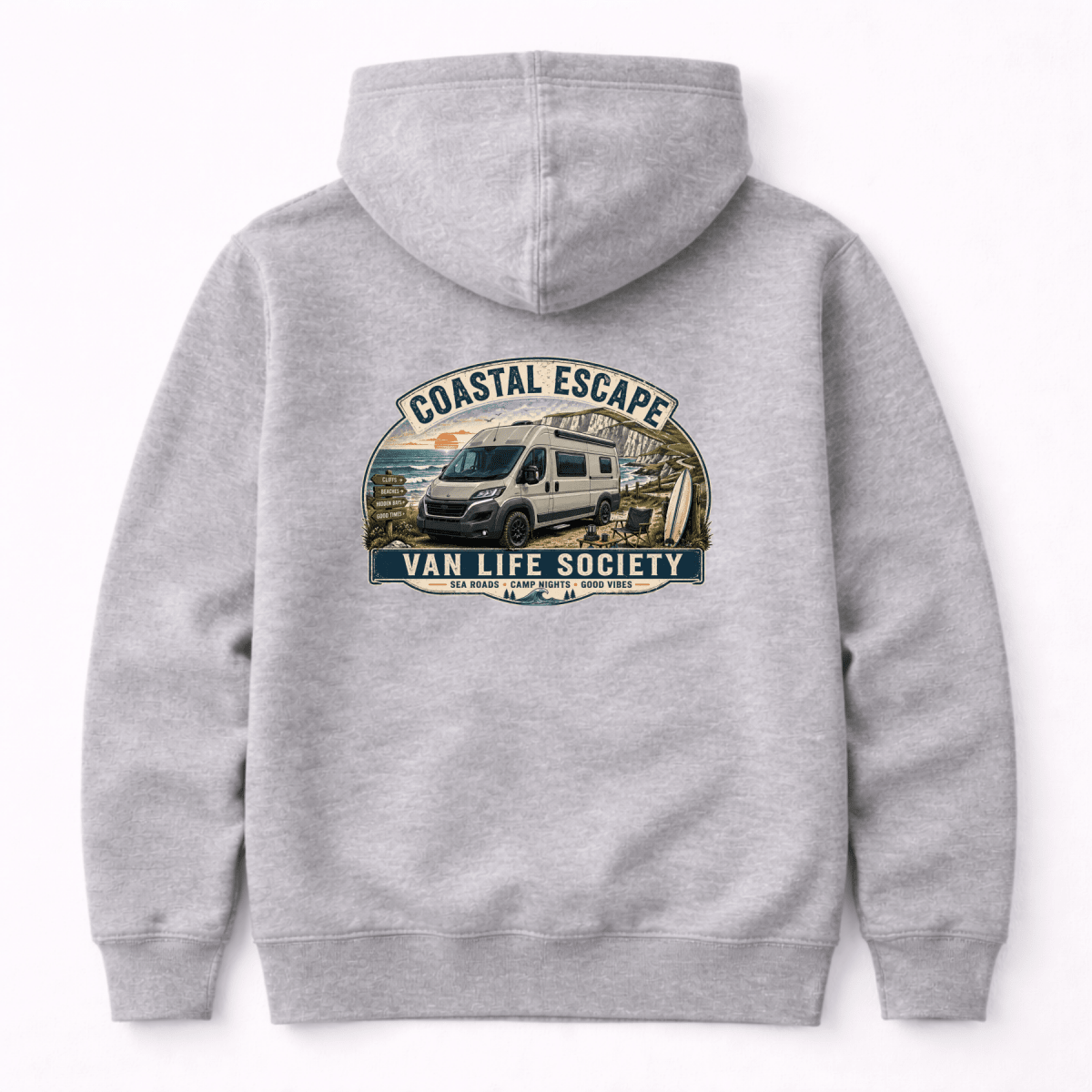 Camberline Coastal Escape Van Life Society clifftop van and surfboard badge, grey marl hoodie, back view