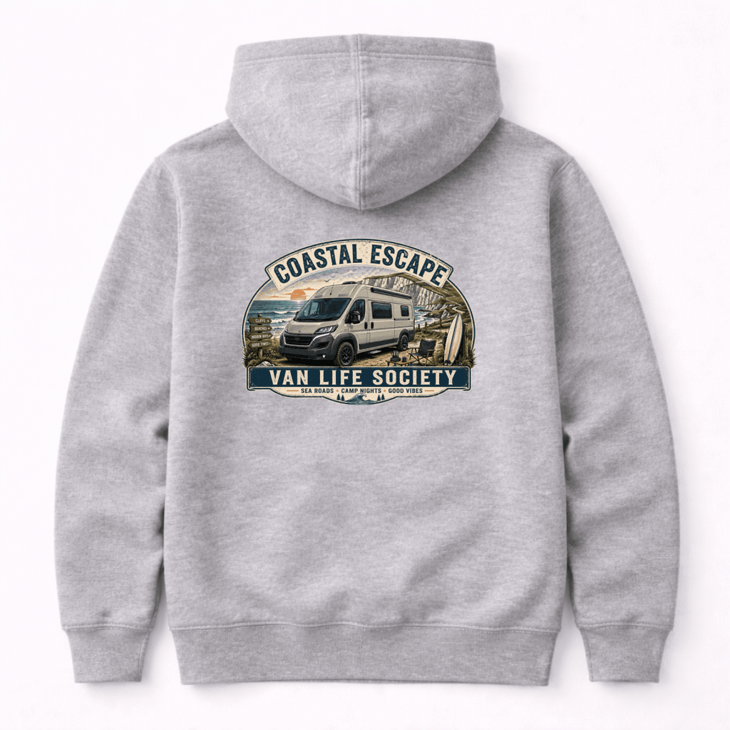 Gray hoodie with 'Coastal Escape Van Life Society' graphic on the back