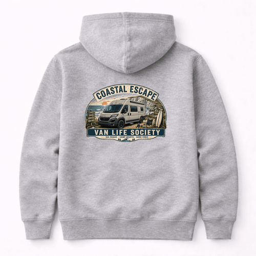 Gray hoodie with 'Coastal Escape Van Life Society' graphic on the back