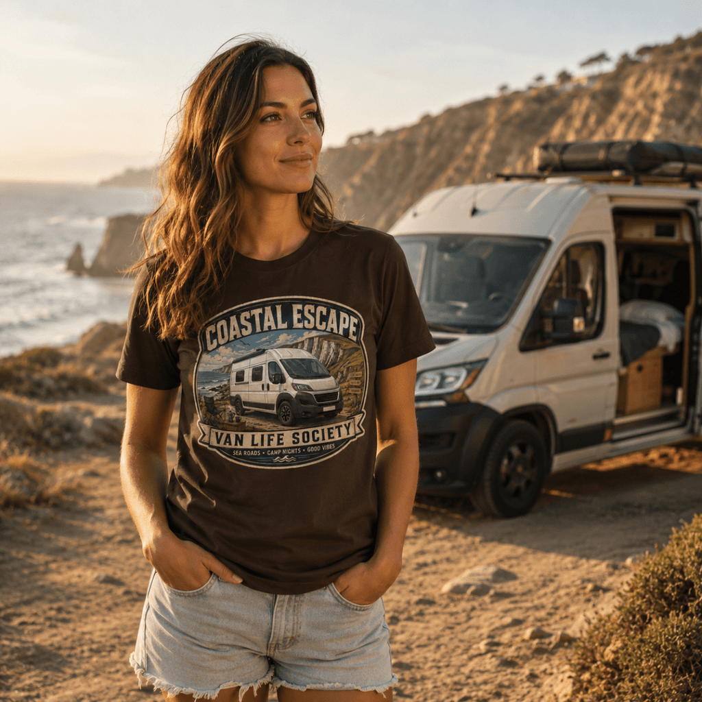 Model wearing Camberline chocolate brown van life t-shirt showing Coastal Escape Van Life Society clifftop campervan badge on chest