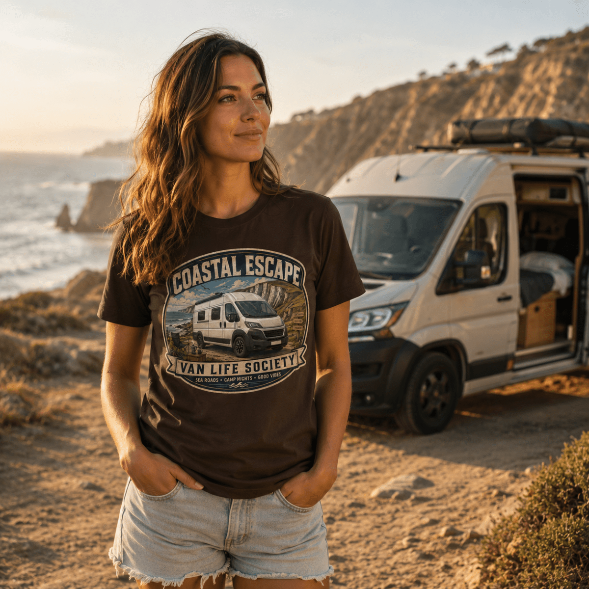 Model wearing Camberline chocolate brown van life t-shirt showing Coastal Escape Van Life Society clifftop campervan badge on chest
