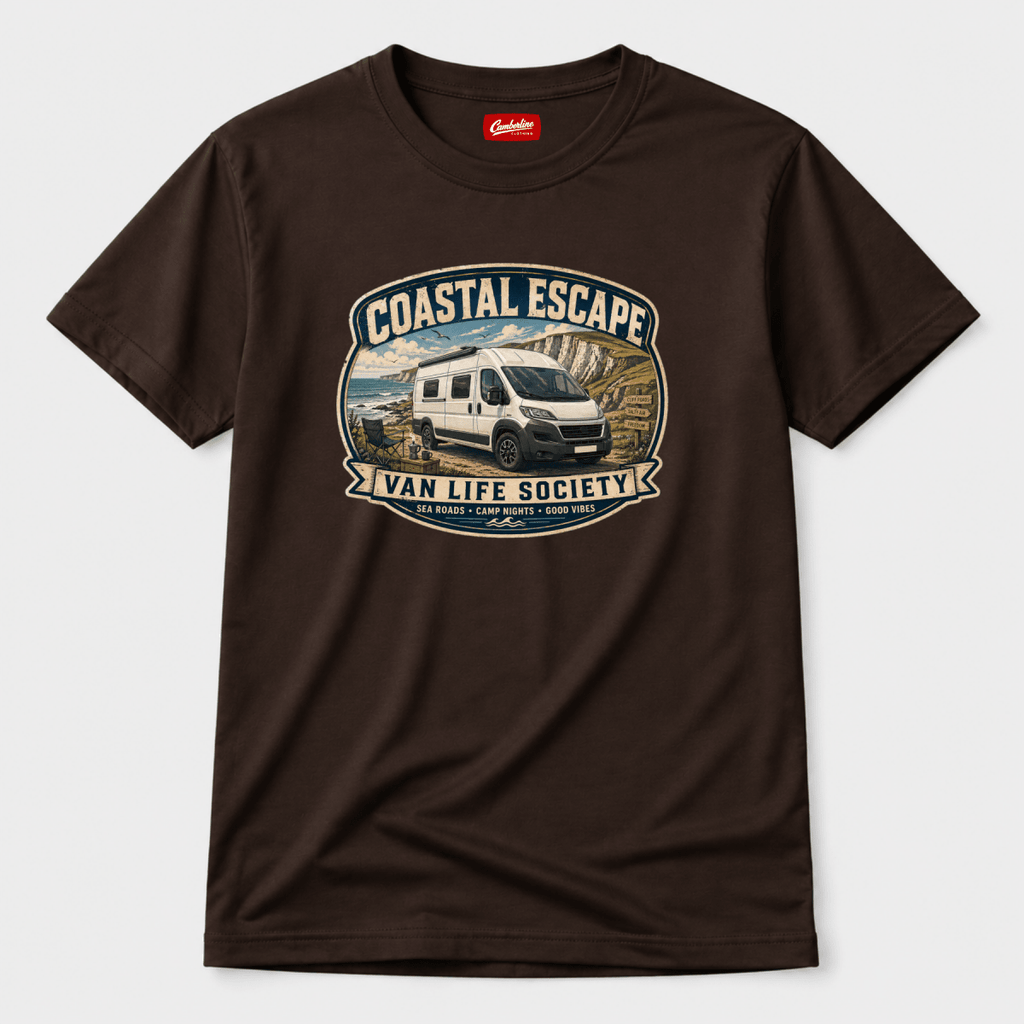 Camberline Coastal Escape Van Life Society clifftop campervan badge, chocolate brown t-shirt, front view