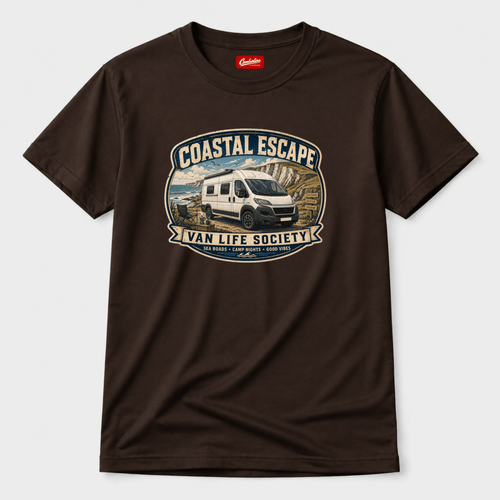 Camberline Coastal Escape Van Life Society clifftop campervan badge, chocolate brown t-shirt, front view