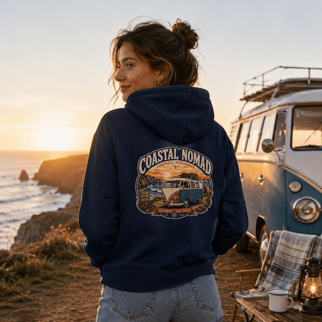 Model wearing Camberline navy van life hoodie showing Coastal Nomad Cornwall Weekender retro split-screen van Cornish clifftop badge on back