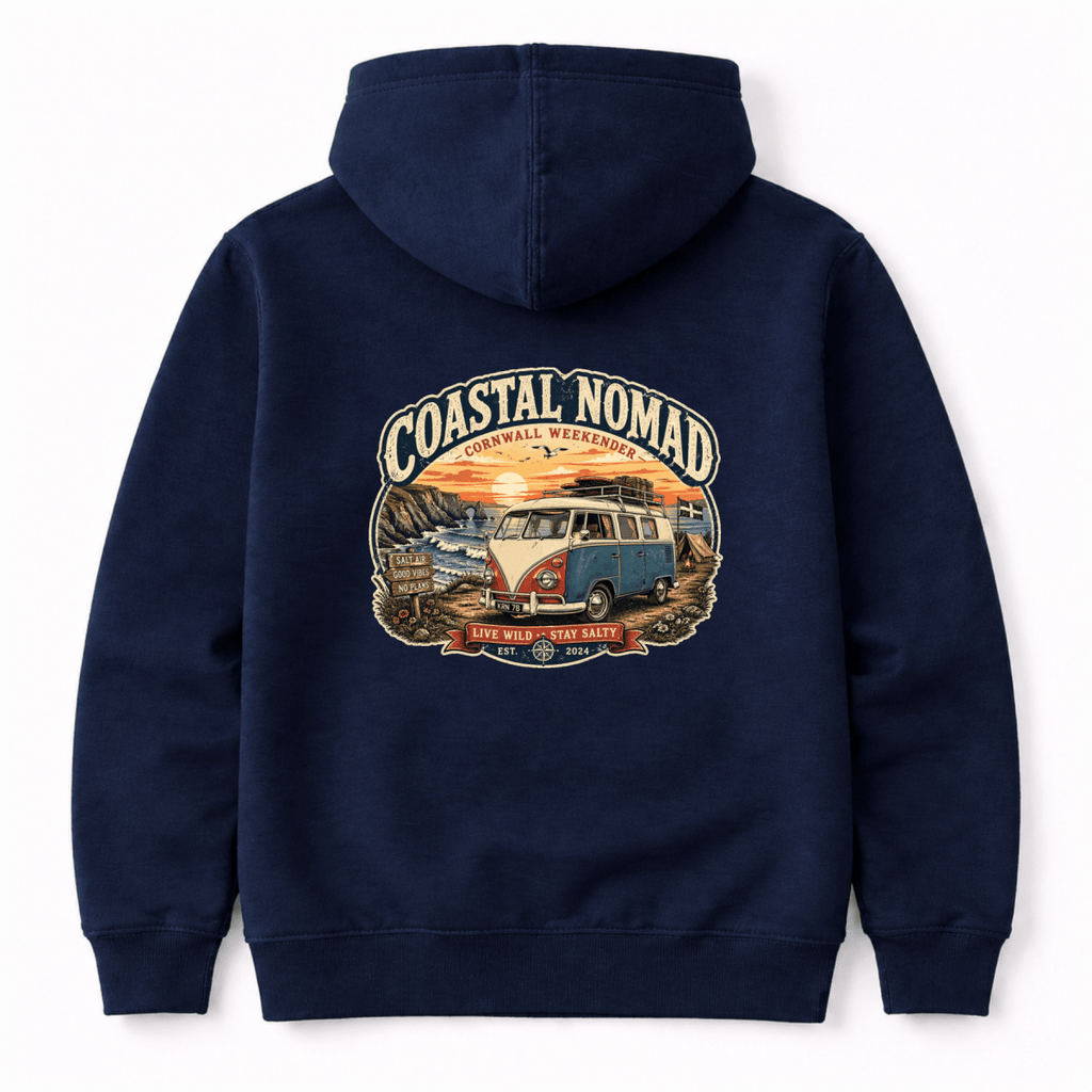 Camberline Coastal Nomad Cornwall Weekender retro split-screen van Cornish clifftop badge, navy hoodie, back view