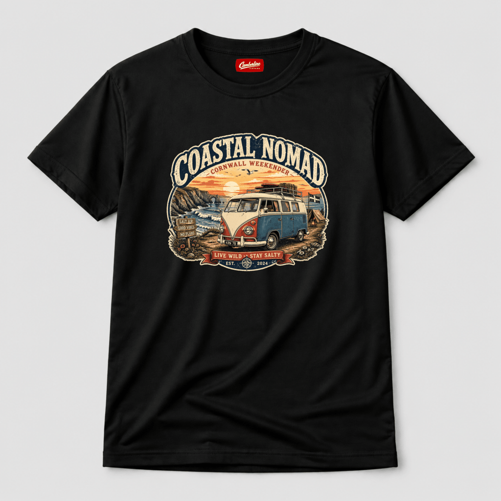 Camberline Coastal Nomad Cornwall Weekender retro split-screen van Cornish clifftop badge, black t-shirt, front view