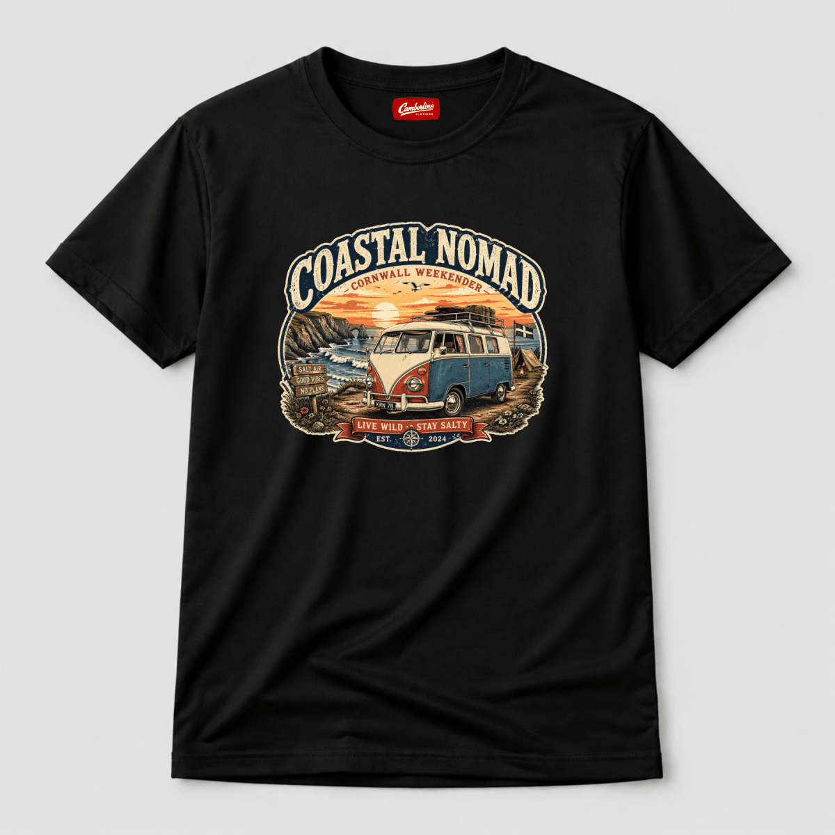 Camberline Coastal Nomad Cornwall Weekender retro split-screen van Cornish clifftop badge, black t-shirt, front view