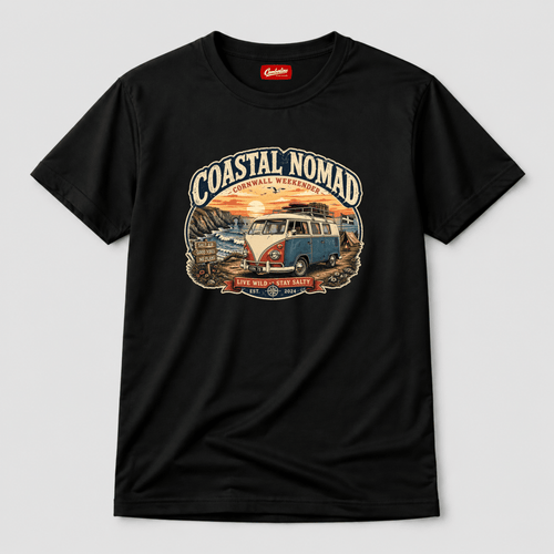 Camberline Coastal Nomad Cornwall Weekender retro split-screen van Cornish clifftop badge, black t-shirt, front view