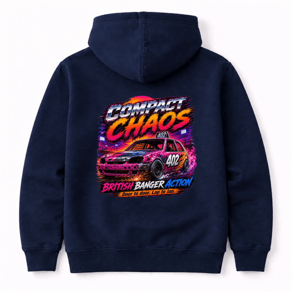 Camberline Compact Chaos Banger Racing Navy Blue hoodie, back graphic for British oval racing fans