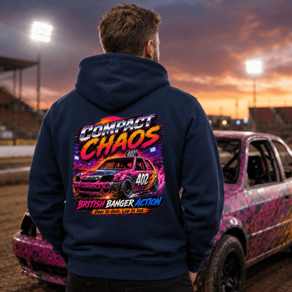 Model wearing Camberline Navy Blue hoodie showing Compact Chaos Banger Racing British oval racing back graphic