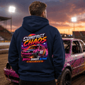 Model wearing Camberline Navy Blue hoodie showing Compact Chaos Banger Racing British oval racing back graphic