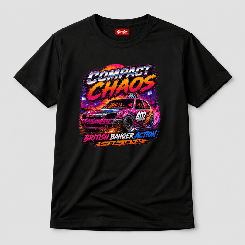 Camberline Compact Chaos Banger Racing Black t-shirt, front graphic for British oval racing fans