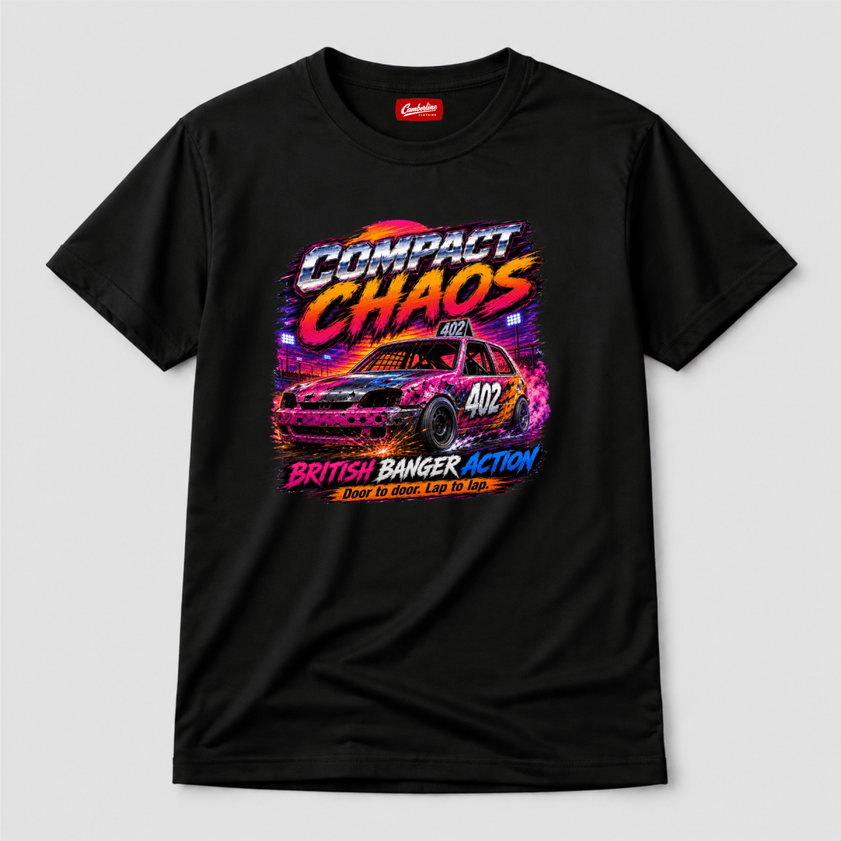 Camberline Compact Chaos Banger Racing Black t-shirt, front graphic for British oval racing fans