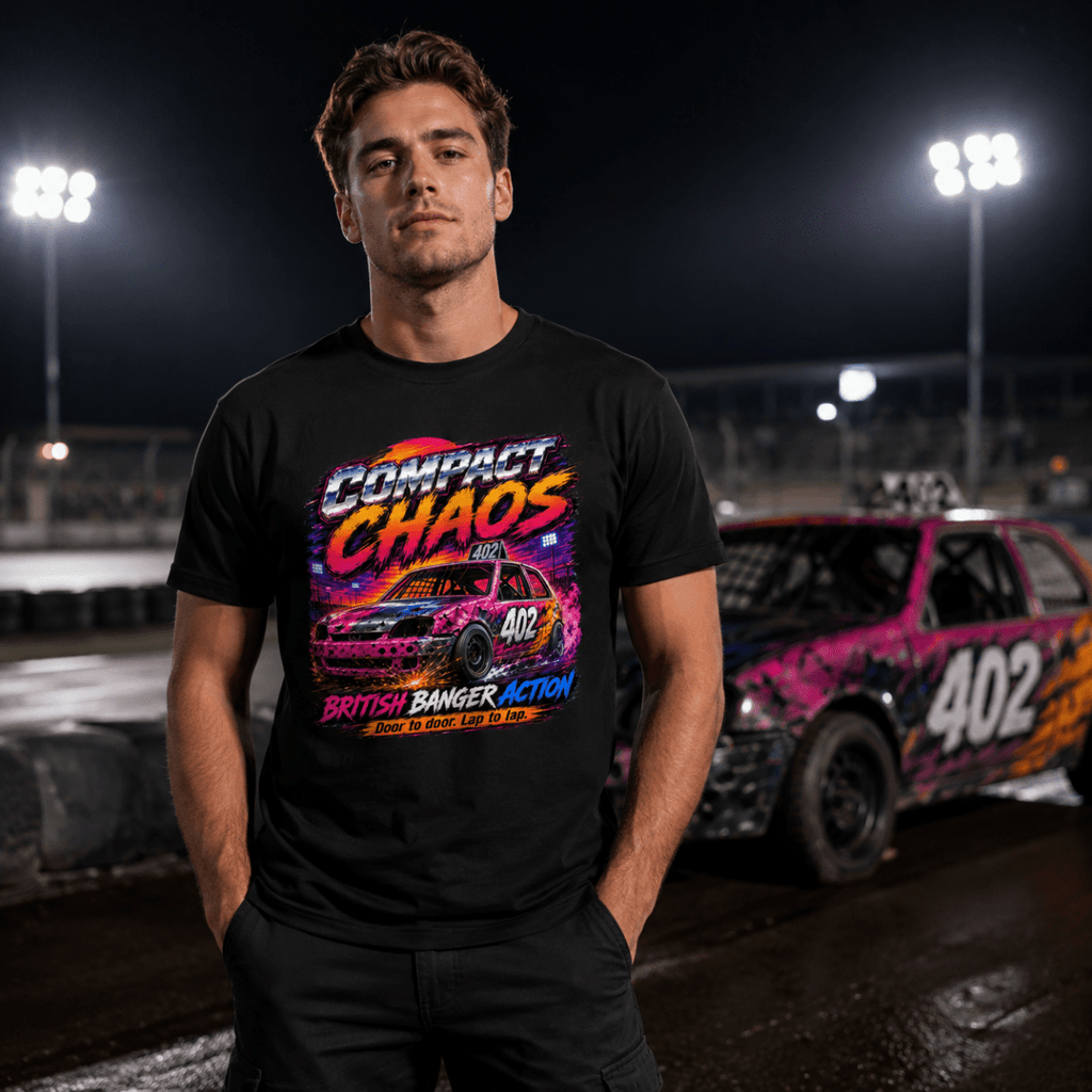 Model wearing Camberline Black t-shirt showing Compact Chaos Banger Racing British oval racing front graphic