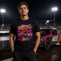 Model wearing Camberline Black t-shirt showing Compact Chaos Banger Racing British oval racing front graphic