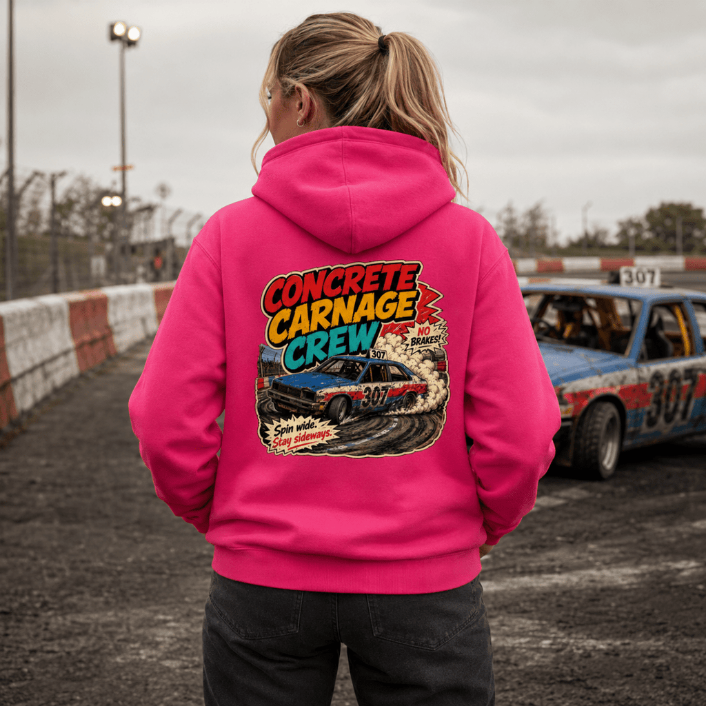 Model wearing Camberline Hot Pink hoodie showing Concrete Carnage Crew Comic British oval racing back graphic