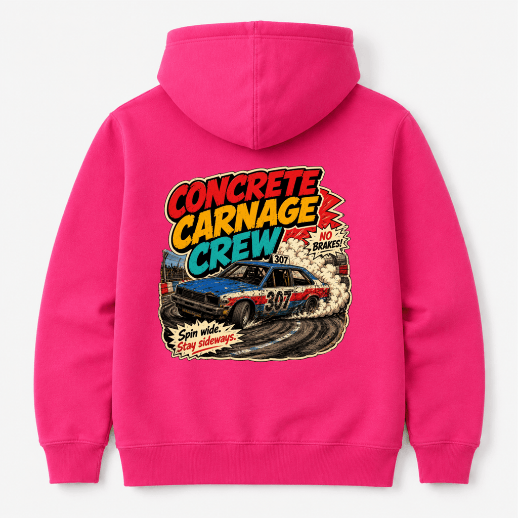 Camberline Concrete Carnage Crew Comic Hot Pink hoodie, back graphic for British oval racing fans