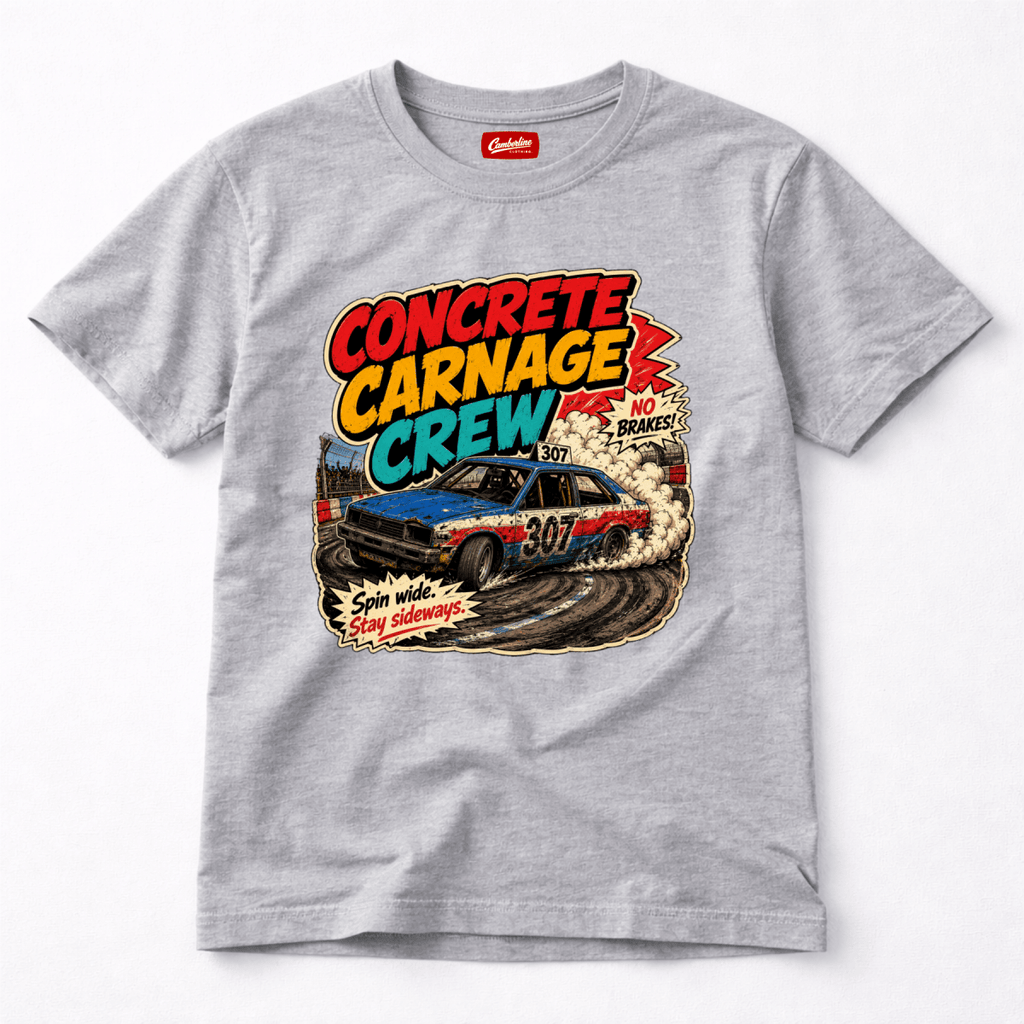Camberline Concrete Carnage Crew Light Grey t-shirt, front graphic for British oval racing fans