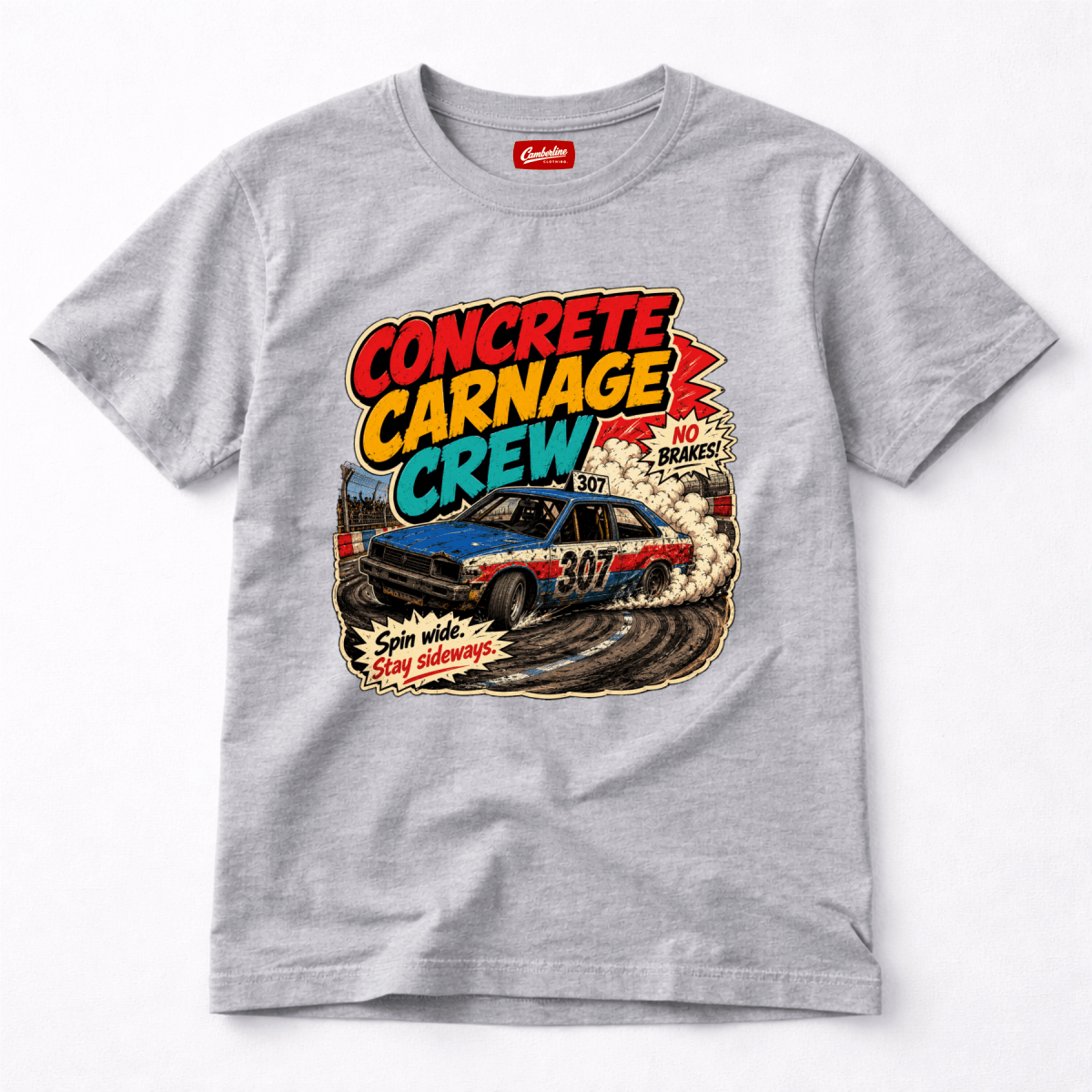 Camberline Concrete Carnage Crew Light Grey t-shirt, front graphic for British oval racing fans