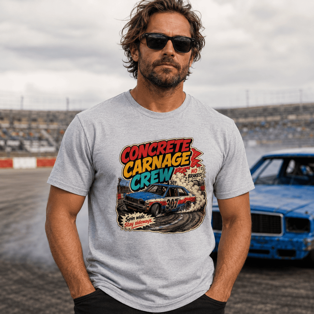 Model wearing Camberline Light Grey t-shirt showing Concrete Carnage Crew British oval racing front graphic