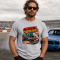 Model wearing Camberline Light Grey t-shirt showing Concrete Carnage Crew British oval racing front graphic