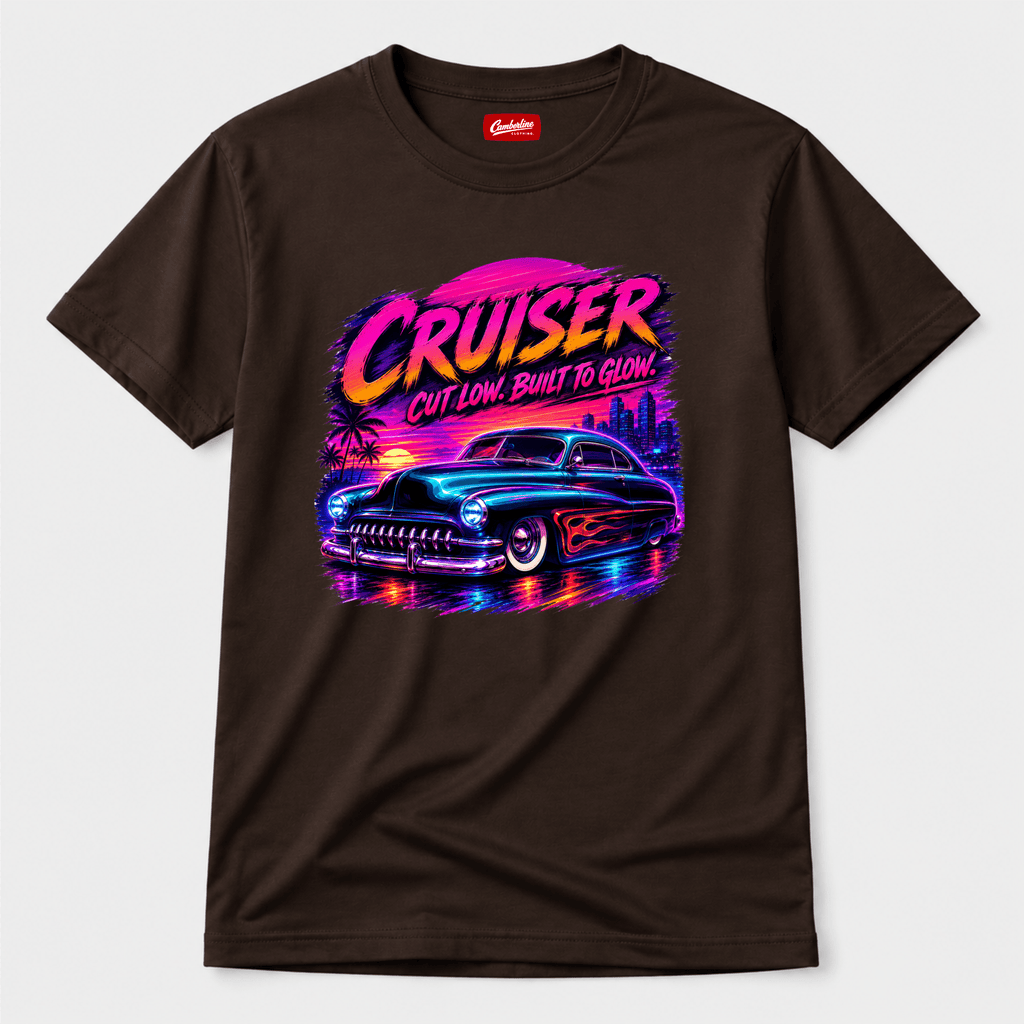 Camberline Cars Cut Low Built To Glow Lowrider T-Shirt in Dark Chocolate showing front graphic