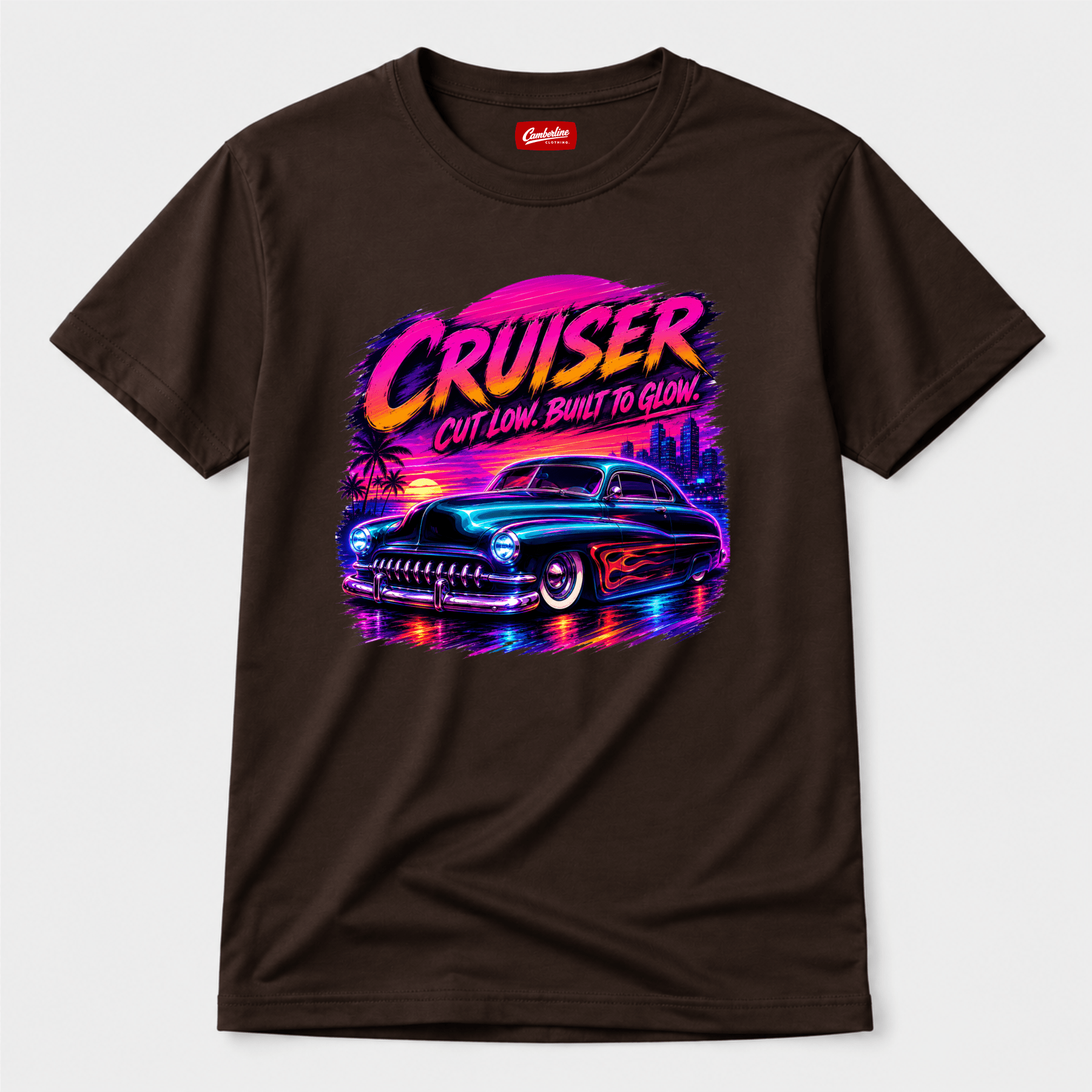 Camberline Cars Cut Low Built To Glow Lowrider T-Shirt in Dark Chocolate showing front graphic