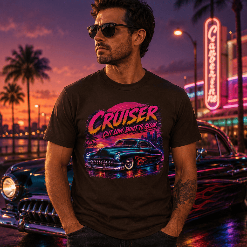 Model wearing Camberline Cars Cut Low Built To Glow Lowrider T-Shirt in Dark Chocolate
