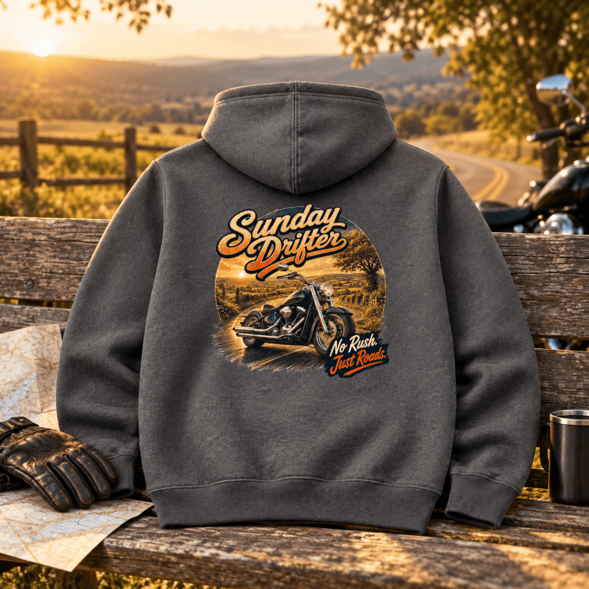 Camberline Cruiser Motorcycle Graphic Hoodie - Sunday Drifter Charcoal charcoal themed garment hero