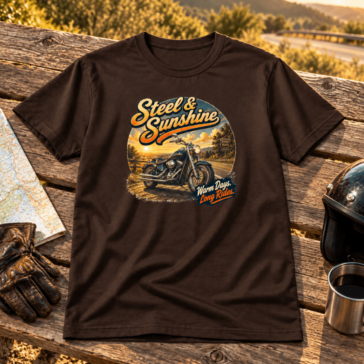 Camberline Cruiser Motorcycle Graphic T-Shirt - Steel and Sunshine brown themed garment hero