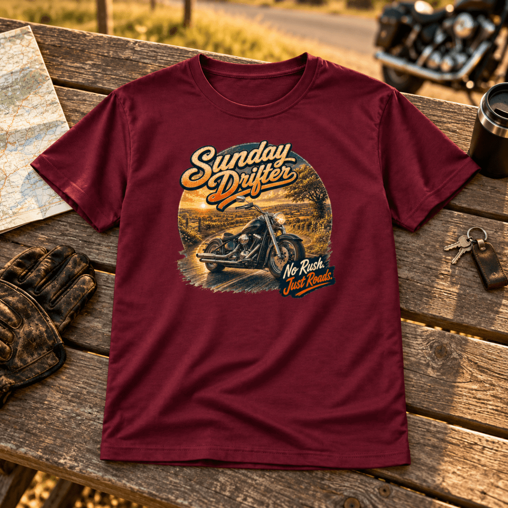Camberline Cruiser Motorcycle Graphic T-Shirt - Sunday Drifter burgundy themed garment hero