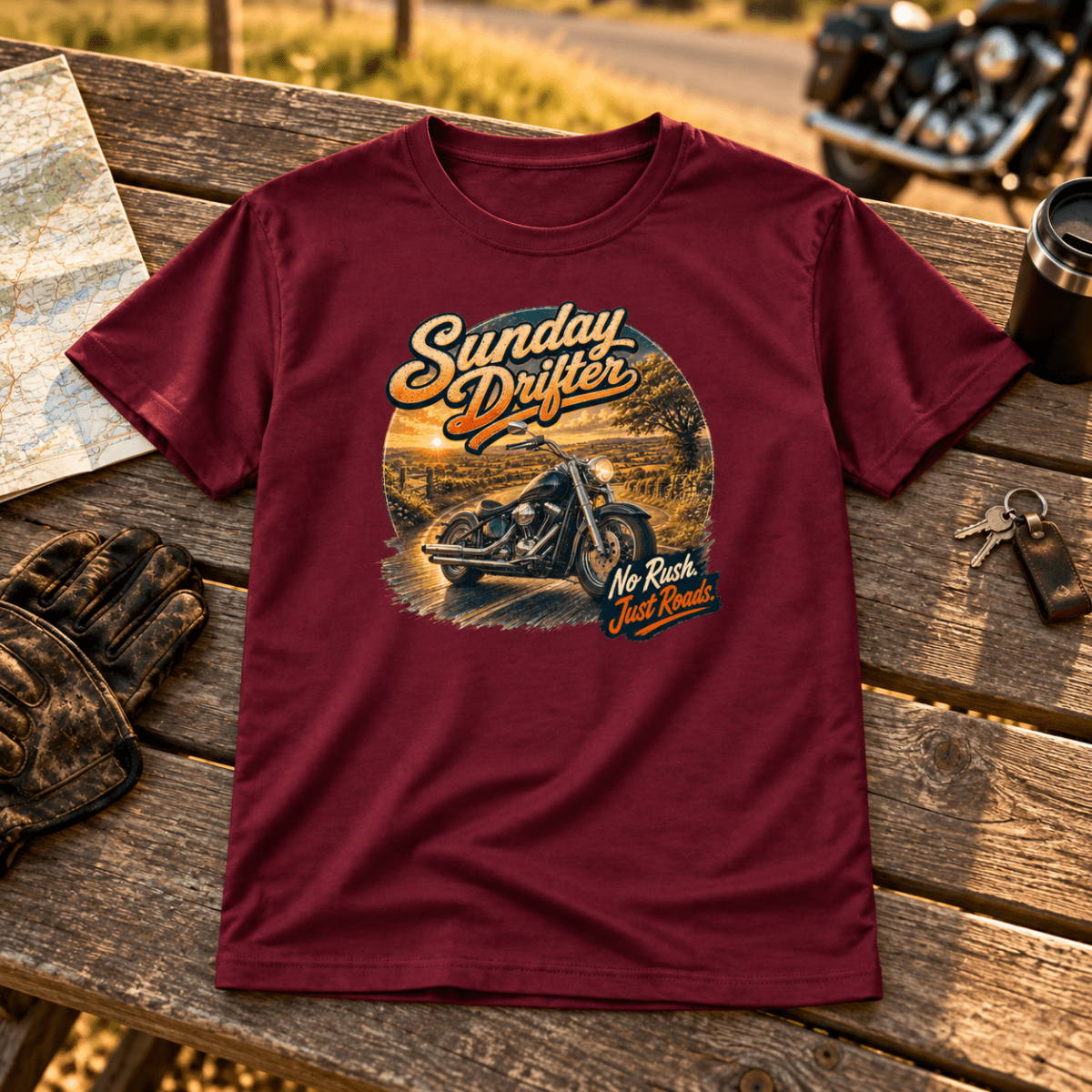 Camberline Cruiser Motorcycle Graphic T-Shirt - Sunday Drifter burgundy themed garment hero