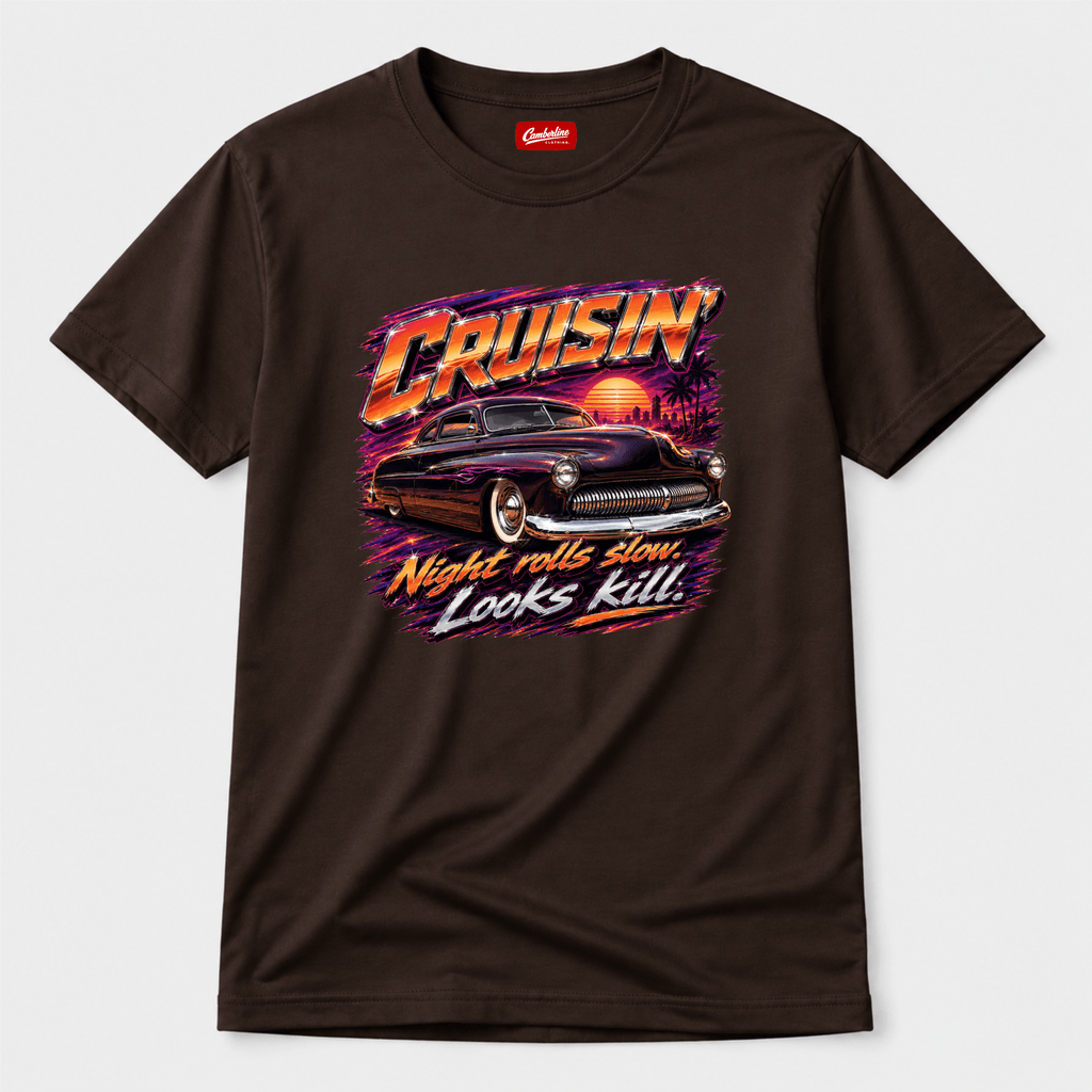 Camberline Cars Cruisin Night Rolls Slow Looks Kill Lowrider T-Shirt in Dark Chocolate showing front graphic