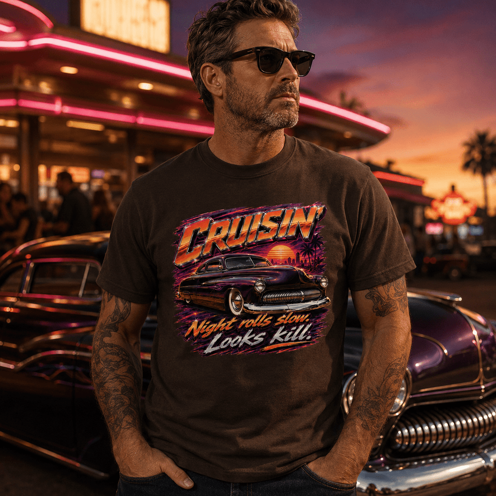 Model wearing Camberline Cars Cruisin Night Rolls Slow Looks Kill Lowrider T-Shirt in Dark Chocolate