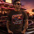 Model wearing Camberline Cars Cruisin Night Rolls Slow Looks Kill Lowrider T-Shirt in Dark Chocolate