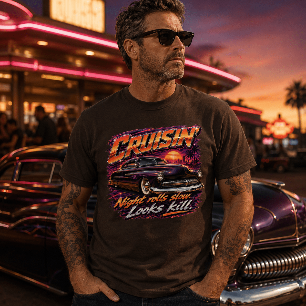 Model wearing Camberline Cars Cruisin Night Rolls Slow Looks Kill Lowrider T-Shirt in Dark Chocolate