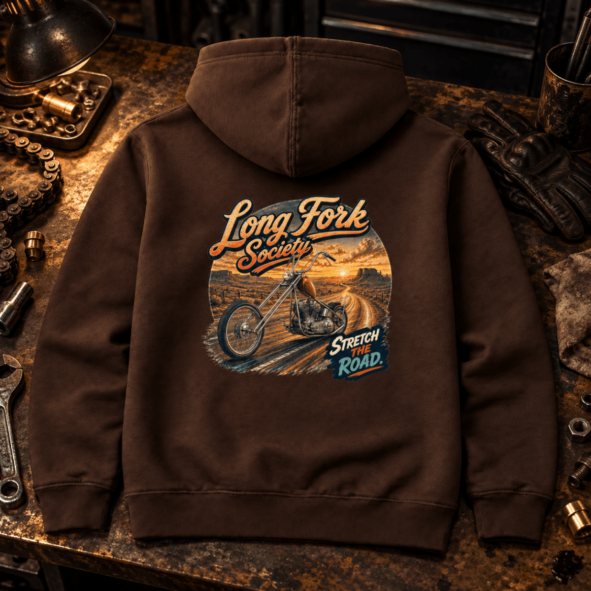 Camberline Custom Chopper Motorcycle Graphic Hoodie - Long Fork Society brown themed garment hero