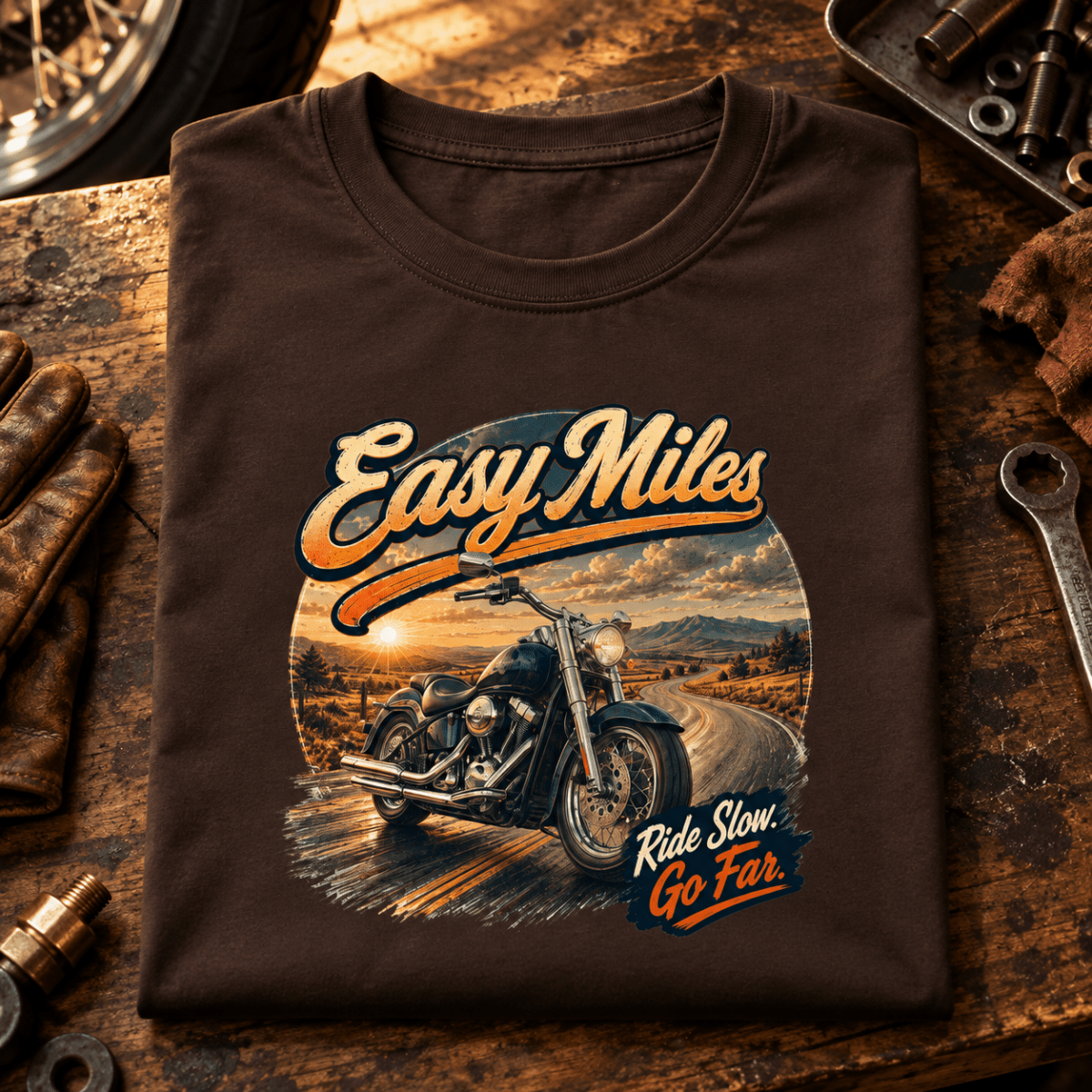 Camberline Custom Chopper Motorcycle Graphic T-Shirt - Easy Miles brown themed garment hero