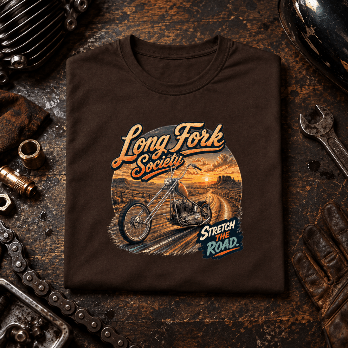 Camberline Custom Chopper Motorcycle Graphic T-Shirt - Long Fork Society brown themed garment hero