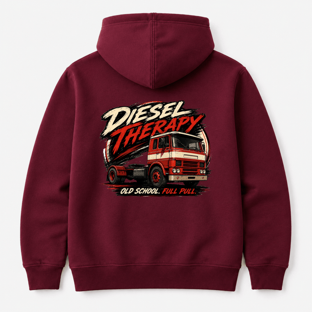 Maroon hoodie with 'Diesel Therapy' graphic on the back against a white background