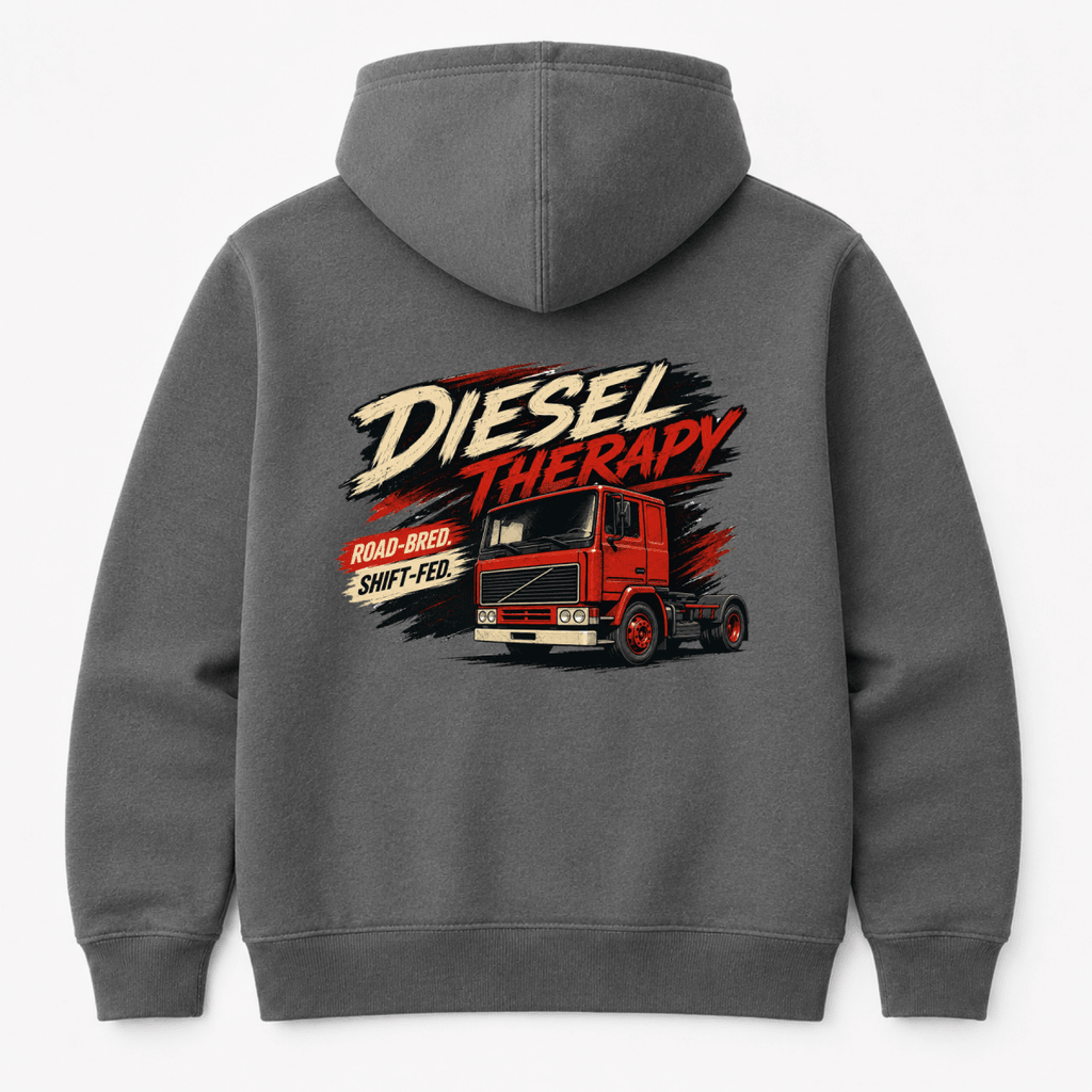 Gray hoodie with a red truck graphic and 'Diesel Therapy' text on the back, on a light gray background.