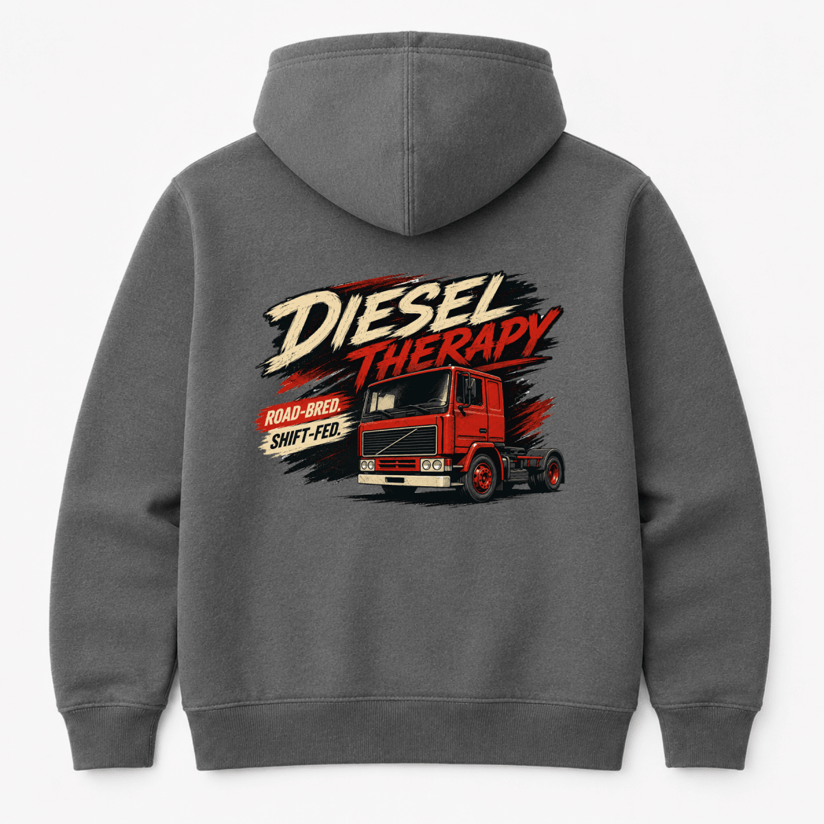 Gray hoodie with a red truck graphic and 'Diesel Therapy' text on the back, on a light gray background.
