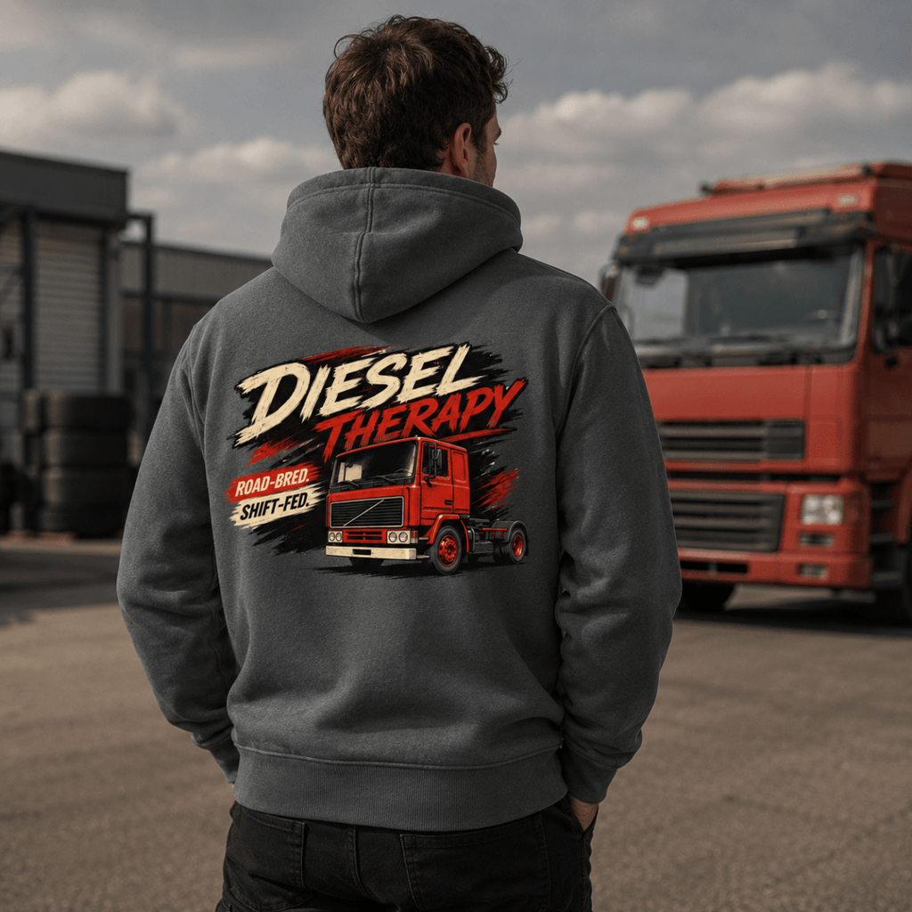 Person wearing a hoodie with a red truck graphic and 'Diesel Therapy' text, standing in front of a red truck.