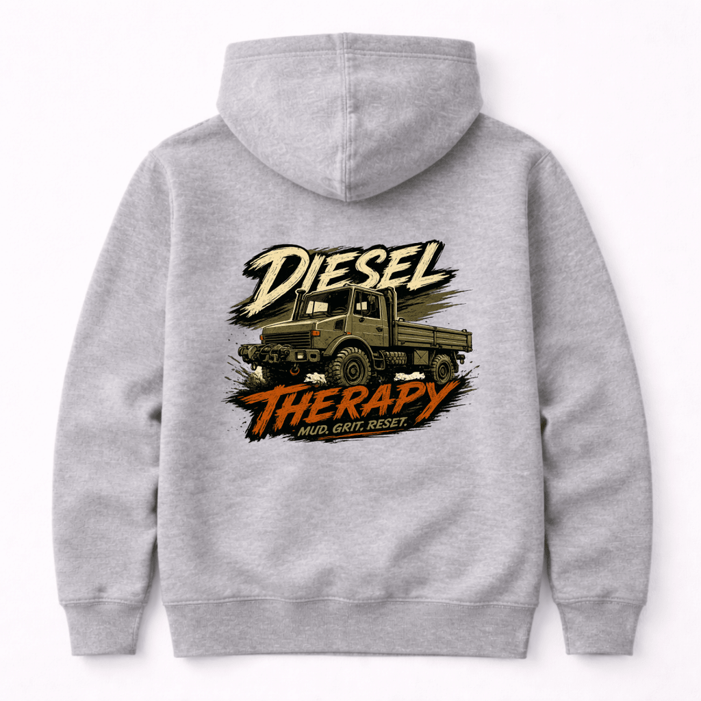 Gray hoodie with a graphic of a truck and 'Diesel Therapy' text on the back, on a white background.