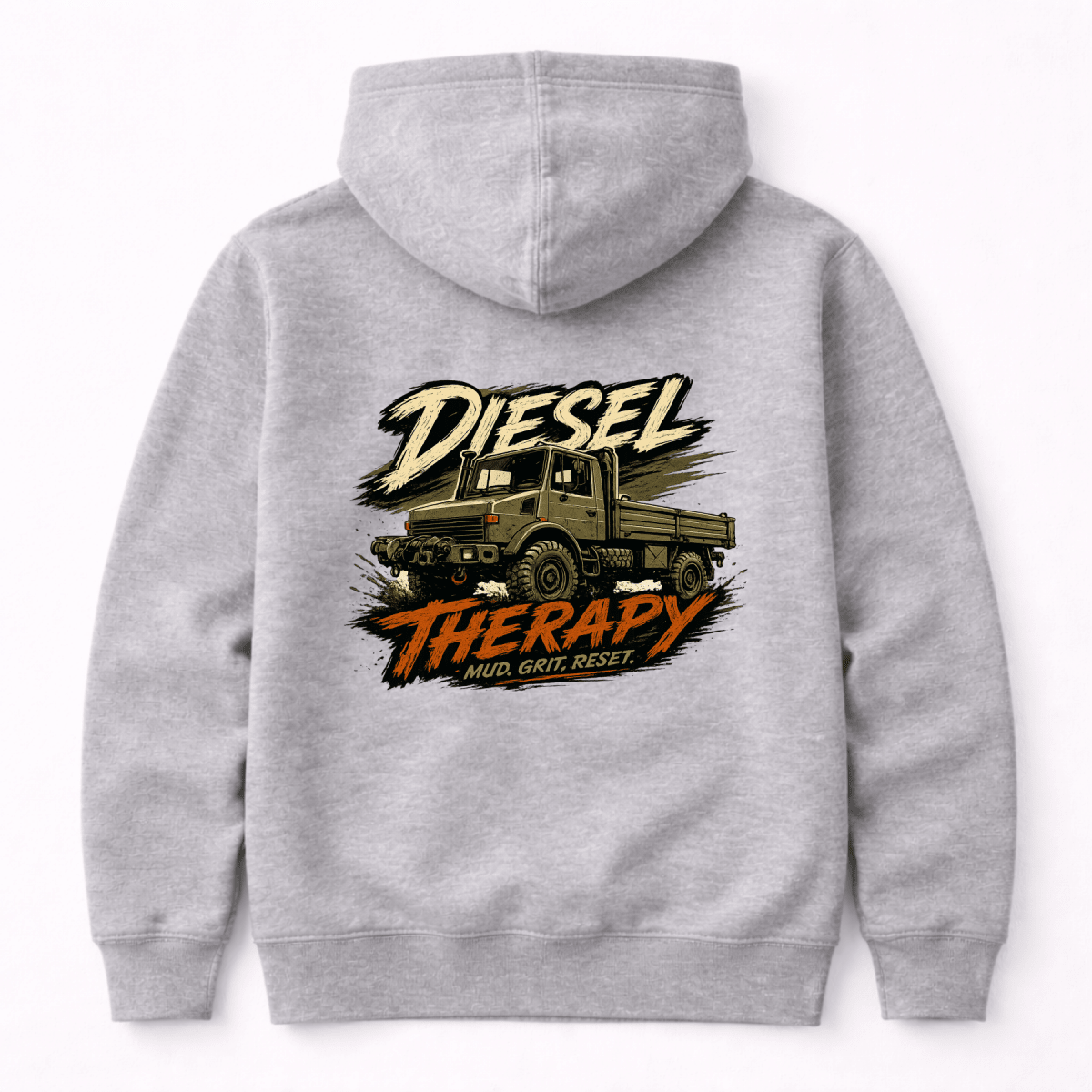 Gray hoodie with a graphic of a truck and 'Diesel Therapy' text on the back, on a white background.