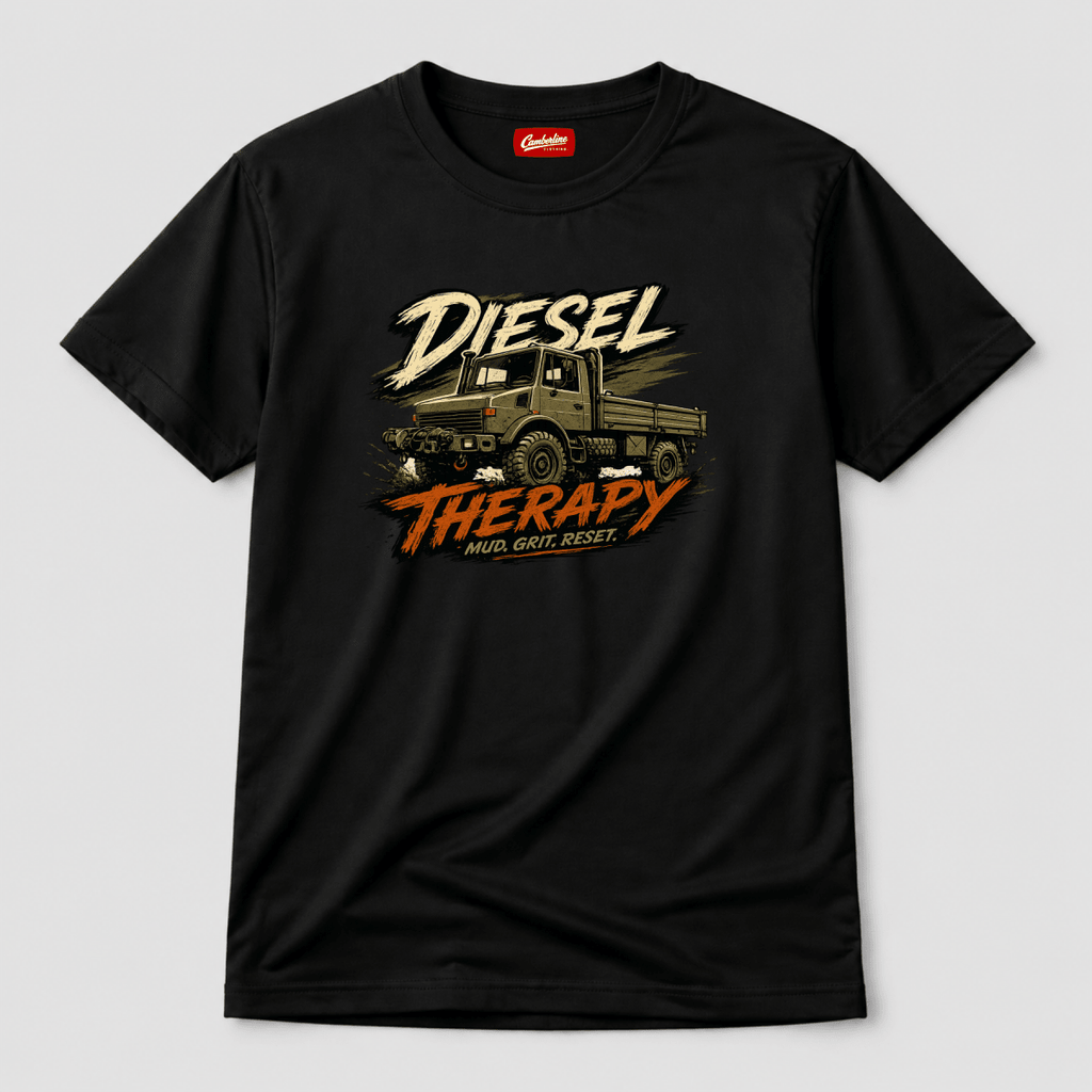 Black t-shirt with graphic design of a truck and text 'Diesel Therapy' on a light gray background