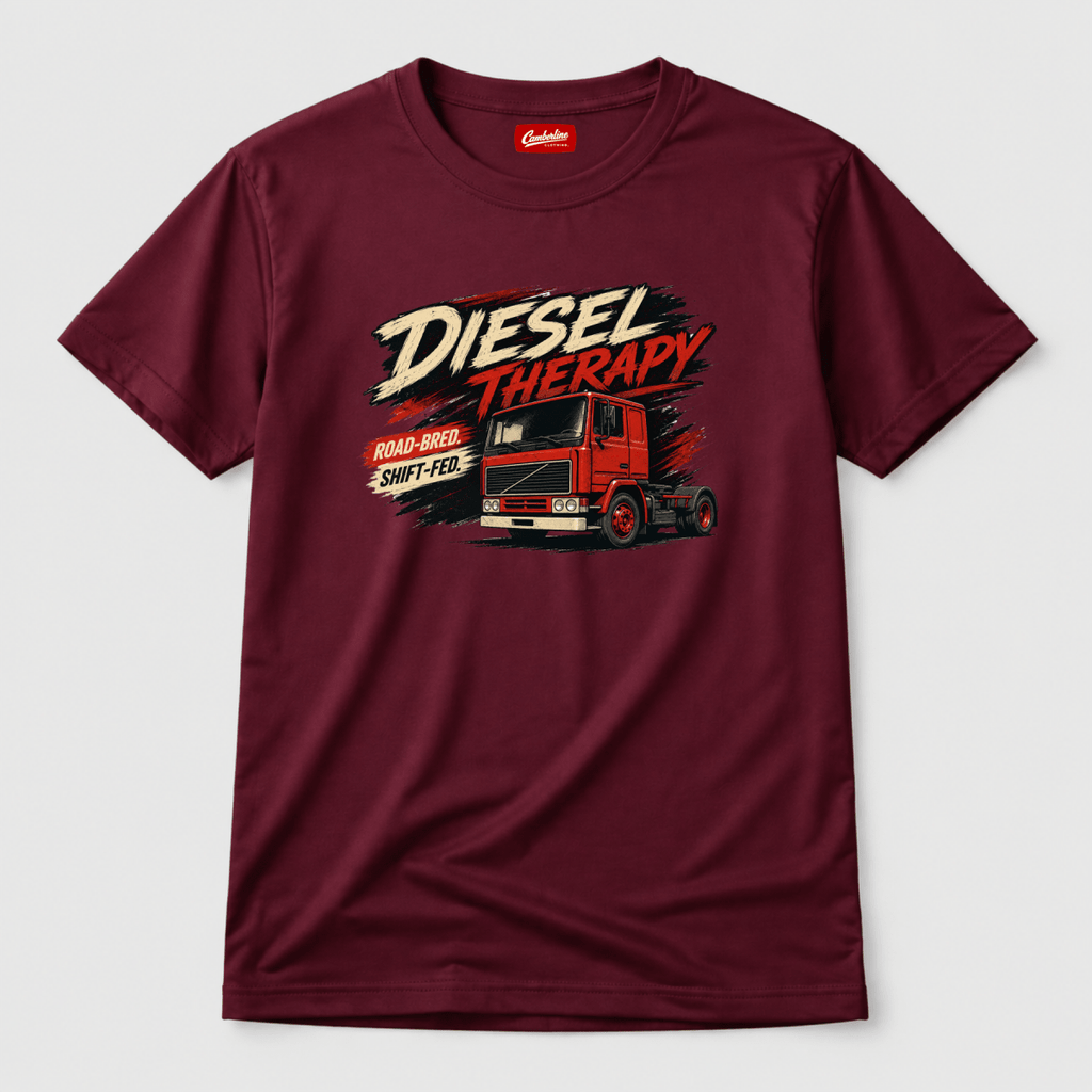 Maroon t-shirt with 'Diesel Therapy' graphic design on a white background