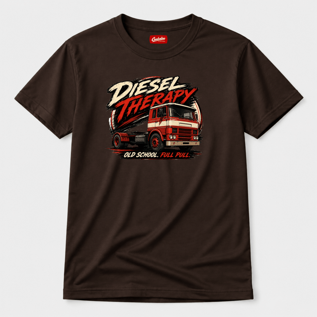 Brown t-shirt with 'Diesel Therapy' graphic design on a white background